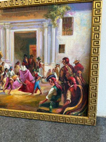 Escena goyesca con motivos taurinos y jinete a...