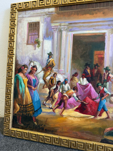 Escena goyesca con motivos taurinos y jinete a...