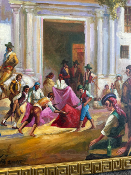 Escena goyesca con motivos taurinos y jinete a caballo, firmado por el pintor Jerezano Jologa.