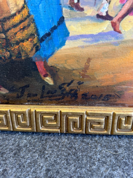 Escena goyesca con motivos taurinos y jinete a caballo, firmado por el pintor Jerezano Jologa.