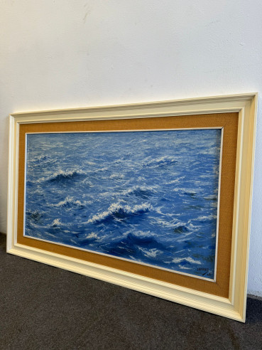Mar azul. Luminoso óleo pintado sobre tabla con motivos marinos.