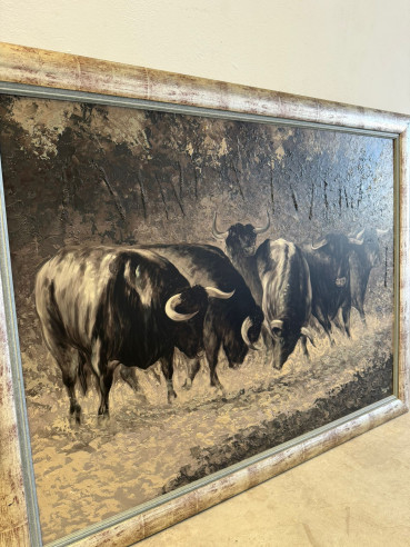 Toros bravos en el campo, pintados sobre tabla...