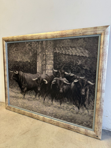 Toros bravos en el campo, pintados sobre tabla por el pintor jerezano Juan Lara.