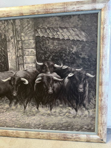 Toros bravos en el campo, pintados sobre tabla...