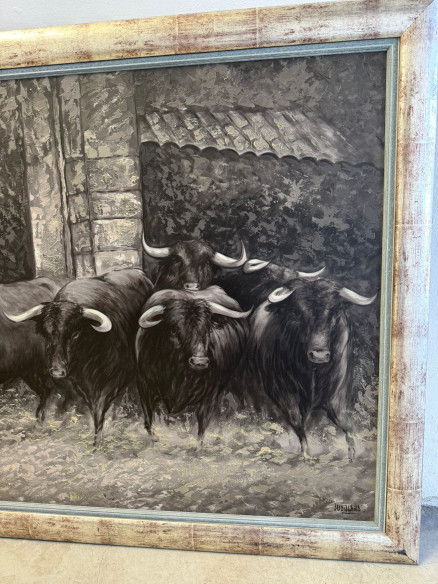 Toros bravos en el campo, pintados sobre tabla por el pintor jerezano Juan Lara.