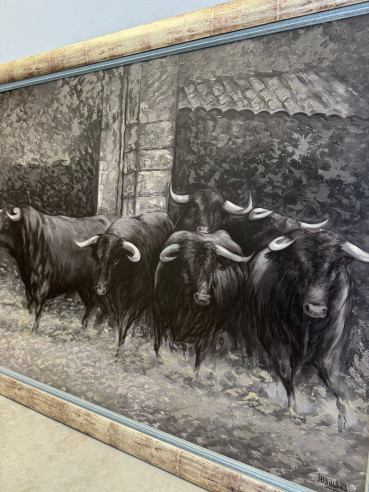 Toros bravos en el campo, pintados sobre tabla...