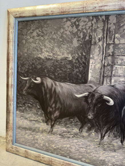 Toros bravos en el campo, pintados sobre tabla por el pintor jerezano Juan Lara.