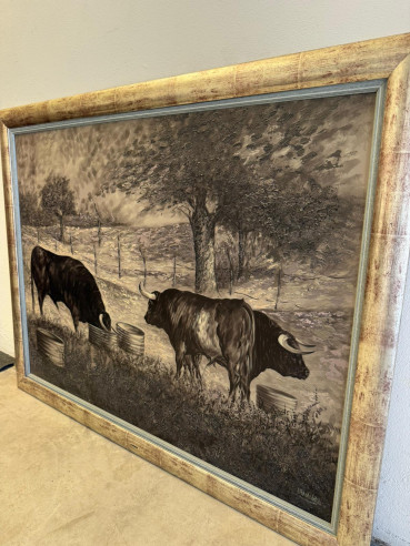 Toros bravos en el campo, pintados sobre tabla...