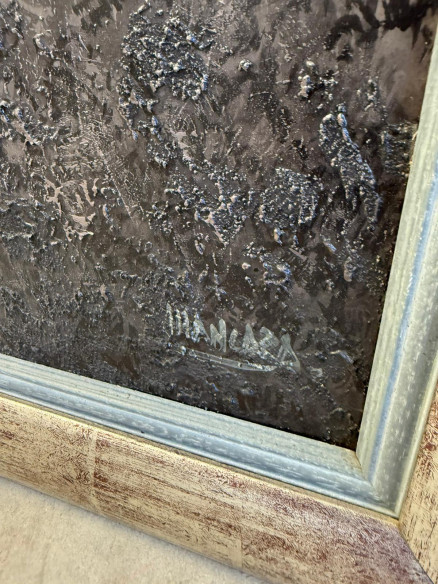 Toros bravos en el campo, pintados sobre tabla por Juan Lara.