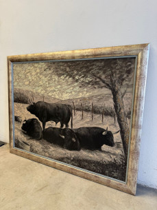 Toros bravos en el campo, pintados sobre tabla por Juan...