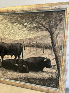 Toros bravos en el campo, pintados sobre tabla por Juan... 2