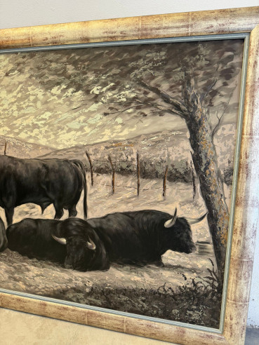 Toros bravos en el campo, pintados sobre tabla...