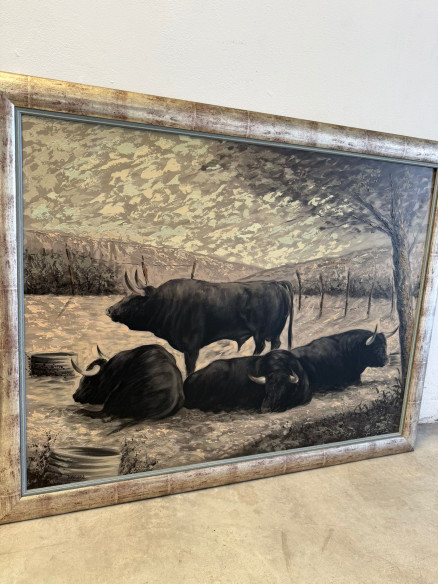 Toros bravos en el campo, pintados sobre tabla por Juan Lara.