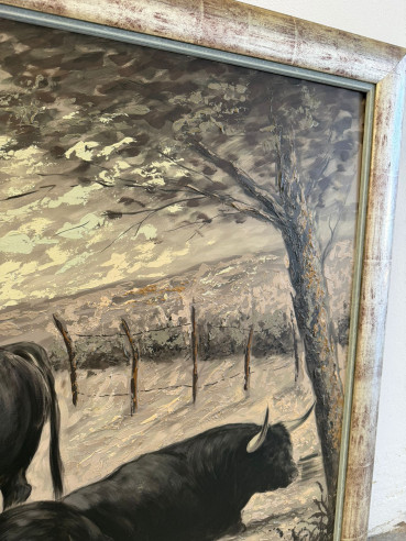 Toros bravos en el campo, pintados sobre tabla...