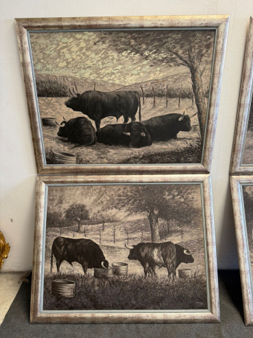 Toros bravos en el campo, conjunto de 4 cuadros...