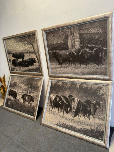 Toros bravos en el campo, conjunto de 4 cuadros pintados sobre tabla por Juan Lara.