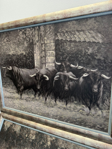 Toros bravos en el campo, conjunto de 4 cuadros pintados sobre tabla por Juan Lara.