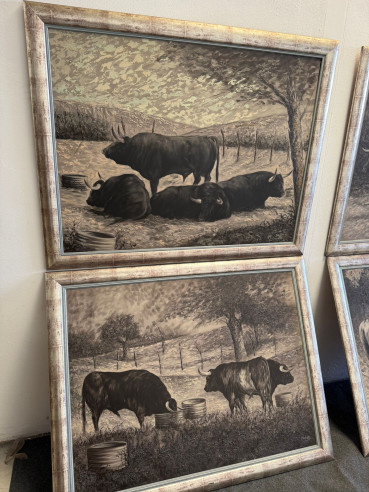 Toros bravos en el campo, conjunto de 4 cuadros...