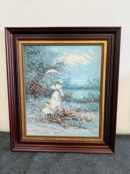 Dama victoriana junto al lago (firmado), pintado sobre lienzo con gran luminosidad.