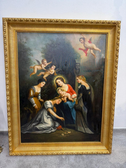 Virgen María con el niño Jesús, acompañados por santas mártires y ángeles en un entorno paisajístico (firmado).