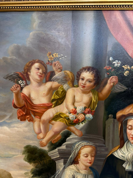 Santa Ana enseñando a leer a su hija la Virgen María, acompañada por ángeles, (firmado).