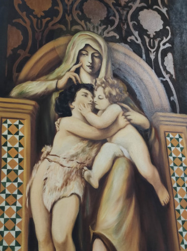 Gran pintura virgen con niños en brazos